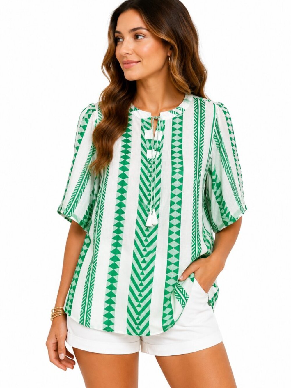 Goa Beachwear by Japna Green White Geometric Tunic Top Women’s M Boho Resort